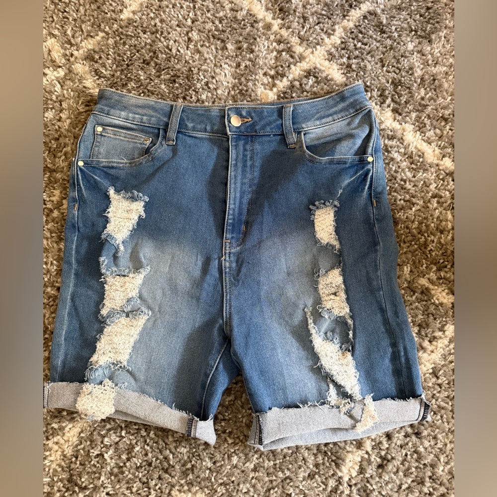 Fashion Nova Light Blue Denim Shorts with Distressed Details